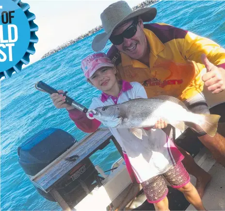  ??  ?? Herb Sechner with daughter Jasmine, 8, and her first jewfish caught on the Gold Coast on the north wall of the Seaway.