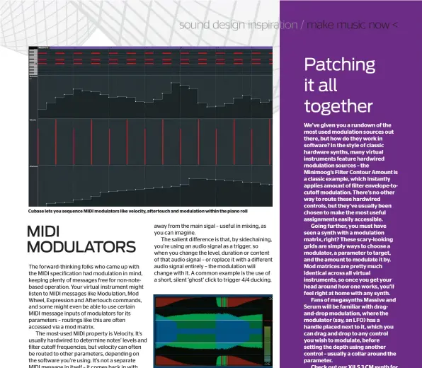  ??  ?? Cubase lets you sequence MIDI modulators like velocity, aftertouch and modulation within the piano roll In DMG Compassion, we’re compressin­g a sustained musical signal (middle, blue) using a kick signal (top and bottom, red) as a sidechain