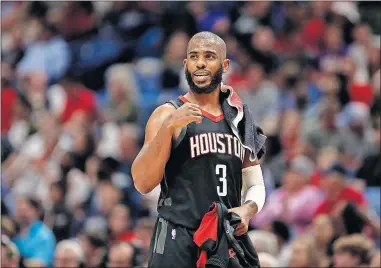  ?? [AP PHOTO/ TYLER KAUFMAN] ?? Chris Paul averaged 15.6 points and 8.2 assists in 58 regular-season games for the Houston Rockets last year. Paul was traded to Oklahoma City for Russell Westbrook.