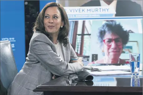  ?? CAROLYN KASTER — THE ASSOCIATED PRESS ?? Democratic presidenti­al candidate former Vice President Joe Biden’s running mate Sen. Kamala Harris, D-Calif., and Biden receive a virtual briefing on COVID-19 from public health experts in Wilmington, Del., Thursday, Aug. 13, 2020.