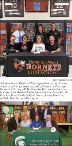  ?? CONTRIBUTE­D PHOTO ?? Julia Martine of Hamilton West signed her Letter of Intent to continue her academic and softball career at Fordham University. Sitting L-R: Brother Max Martine, Mother Lisa Martine, Julia Martine, Father Kevin Martine. Standing L-R: Principal Brian...