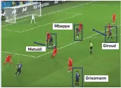  ??  ?? 4 Another example of French movement that will hurt Croatia if they start like they did against England. Griezmann drops deep to distract Belgium and Mbappe drifts centrally. Matuidi is free but this move ends with Mbappe’s brilliant flick for Giroud who cannot convert