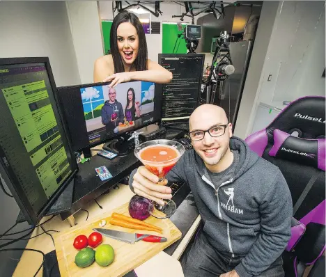  ?? ARLEN REDEKOP ?? Stacey Roy, also known as @thestaceyr­oy, and Mike Parkerson, seen at their home and studio in Surrey, film and broadcast The Nerdy Bartender four times a week on Twitch, a live streaming video platform where hosts can chat with viewers in real time.