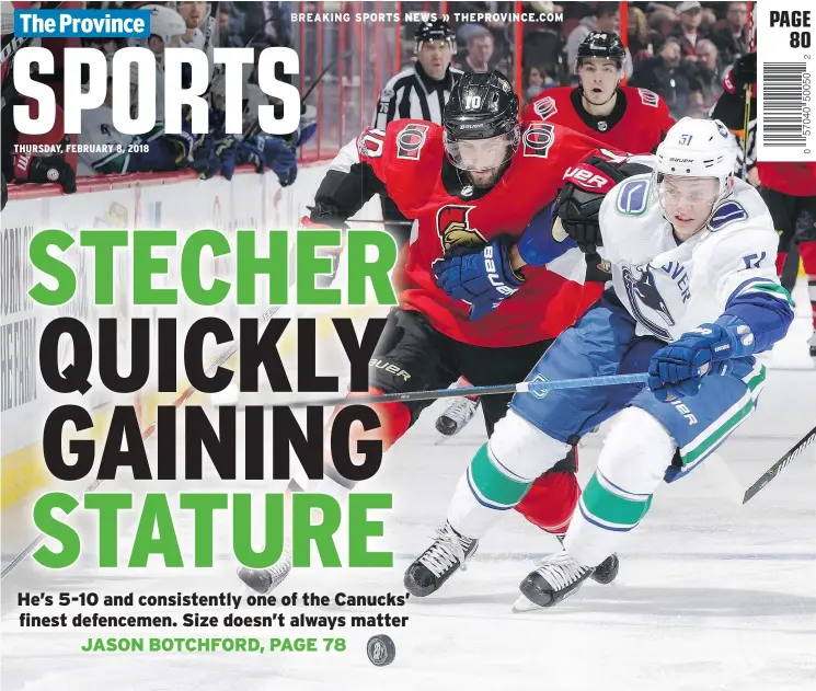  ?? — GETTY FILES ?? Troy Stecher of the Vancouver Canucks, beating Tom Pyatt of the Ottawa Senators to the puck in this battle, has proven that skill and quickness are great equalizers.