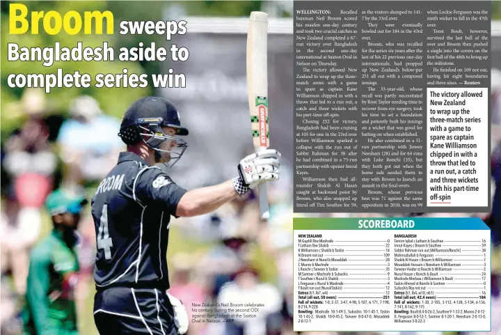  ?? — AFP ?? New Zealand’s Neil Broom celebrates his century during the second ODI against Bangladesh at the Saxton Oval in Nelson. The victory allowed New Zealand to wrap up the three-match series with a game to spare as captain Kane Williamson chipped in with a...