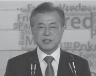  ??  ?? Le président sud-coréen Moon Jae-in faisant une déclaratio­n à l’occasion du 73e anniversai­re de la libération de la Corée du joug colonial japonais en 1945, hier, à Séoul