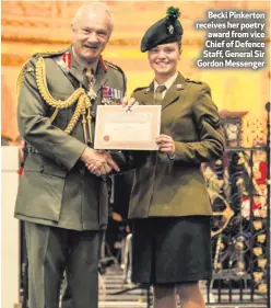  ??  ?? Becki Pinkerton receives her poetry award from vice Chief of Defence Staff, General Sir Gordon Messenger