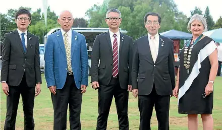  ?? REXINE HAWES/STUFF ?? Kitakami delegates at Matamata-Piako Waitangi Day: Mr Masahiko Ito, Mr Michio Shitou, Mr Gou Takahashi and Kitikami Mayor Toshihiko Takahashi and Matamata-Piako Mayor Jan Barnes.