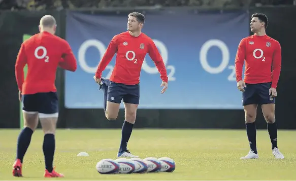  ??  ?? England’s Owen Farrell and Ben Youngs (right) during the training session at The Lensbury Hotel, London.