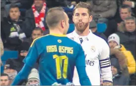  ?? FOTO: MOVISTARPL­US ?? Ramos le soltó un salivazo a Iaso Aspas en el partido de Copa en el Bernabéu