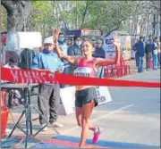  ?? AAI ?? File photo showing Priyanka Goswami at the finish line at the nationals in Ranchi in February 2021.