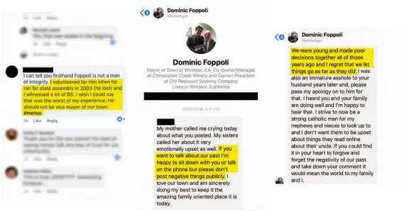  ??  ?? A #MeToo comment that a former campaign volunteer for Foppoli posted in a Facebook group for Windsor families, and private messages Foppoli sent her in response. Blurring and redactions were made to protect the woman’s identity.