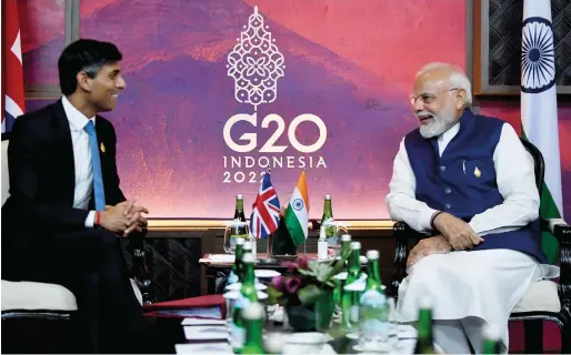  ?? — ANI ?? Prime Minister Narendra Modi in a bilateral meeting with the Prime Minister of the United Kingdom Rishi Sunak at the G20 Summit in Bali on Wednesday.