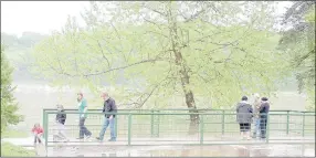  ?? Keith Bryant/The Weekly Vista ?? People stand on a footbridge next to Lake Bella Vista to take in the sights during the April 29 flood. Roughly 15 minutes after this photo was taken, the bridge was underwater.