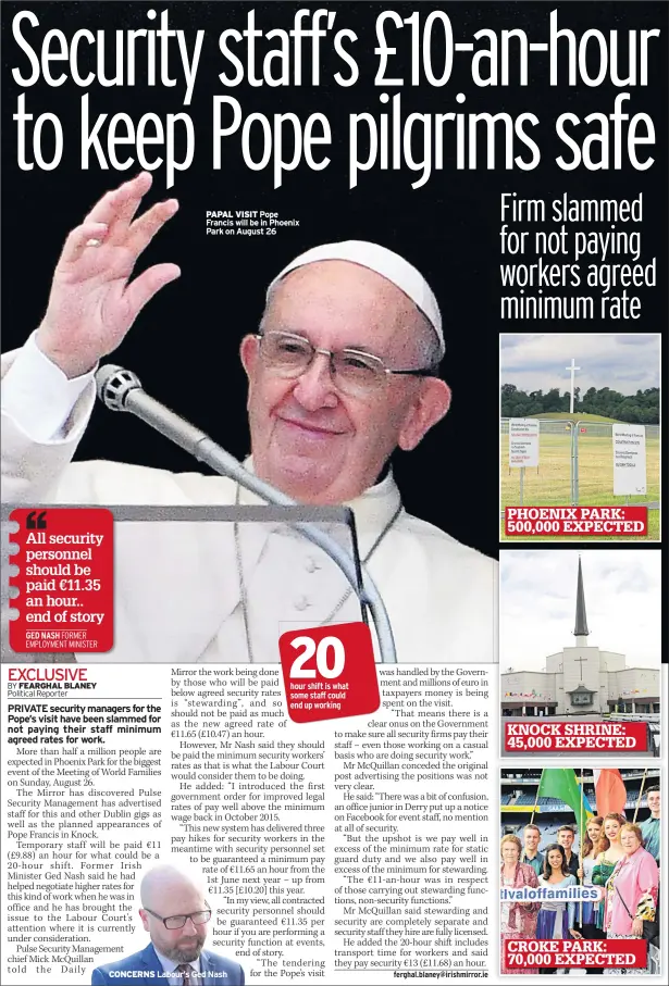  ??  ?? PAPAL VISIT Pope Francis will be in Phoenix Park on August 26 CONCERNS Labour’s Ged Nash