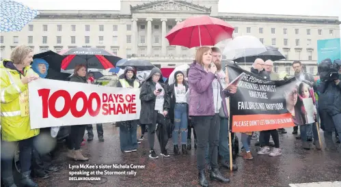  ?? DECLAN ROUGHAN ?? Lyra McKee’s sister Nichola Corner speaking at the Stormont rally