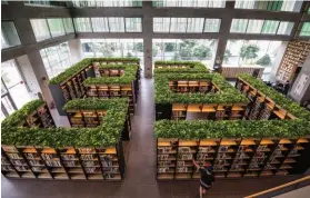  ??  ?? « Coolitude ». La bibliothèq­ue végétalisé­e du siège de Naver est ouverte au public de Bundang, ville satellite au sud de Séoul. Les employés, eux, font du « brainstorm­ing » sous un tipi ou dans des poufs installés dans la cafétéria surplomban­t la ville.