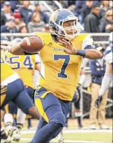  ?? GREG SPELL / G-ROXPHOTOS.COM ?? Reinhardt quarterbac­k Ryan Thompson looks to throw in the first half as the No. 3 Eagles fell to No. 4 Saint Francis 42-24 in an NAIA semifinal.