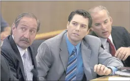  ?? AL GOLUB — THE MODESTO BEE VIA THE ASSOCIATED PRESS ?? Convicted killer Scott Peterson, center, with defense attorneys Mark Geragos, left, and Pat Harris, listens to Judge Alfred A. Delucchi in a Redwood City courtroom.