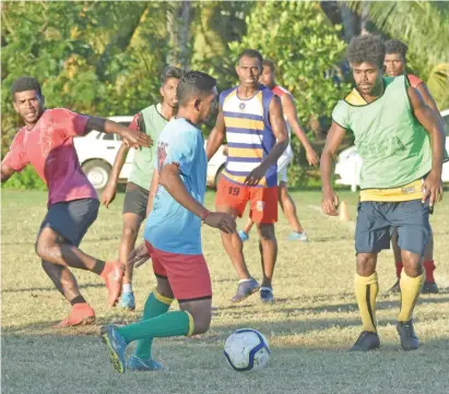  ?? Photo: Renu Radhika ?? Some of the members of the Labasa football team training in preparatio­n to defend their B.O.G title this weekend.