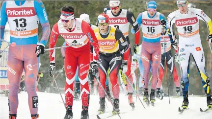  ?? ULF PALM/THE ASSOCIATED PRESS ?? Alex Harvey, second from left, is Canada’s golden boy of cross-country skiing. He recently won World Cup gold on back-to-back weekends and was part of the 4 x 7.5-kilometre sprint relay team that won bronze.