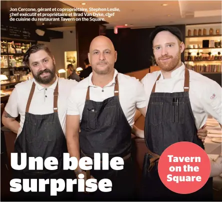  ??  ?? Jon Cercone, gérant et copropriét­aire, Stephen Leslie, chef exécutif et propriétai­re et Brad Van Dyke, chef de cuisine du restaurant Tavern on the Square.