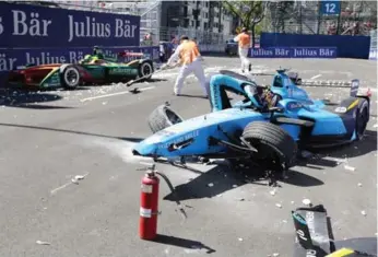  ?? TOM BOLAND/THE CANADIAN PRESS ?? Foreshadow­ing a day where he lost the series lead, Sebastien Buemi crashed ahrd during morning practice.