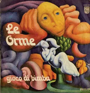  ?? ?? Sopra: label di UOMO DI PEZZA. Copertina del 45 giri Gioco di bimba, identica a quella dell’album UOMO DI PEZZA, opera del pittore modenese Walter Mac Mazzieri
(Ca’ d’olina/mo, 15 aprile 1947 – Pavullo/mo, 21 novembre 1998 ).