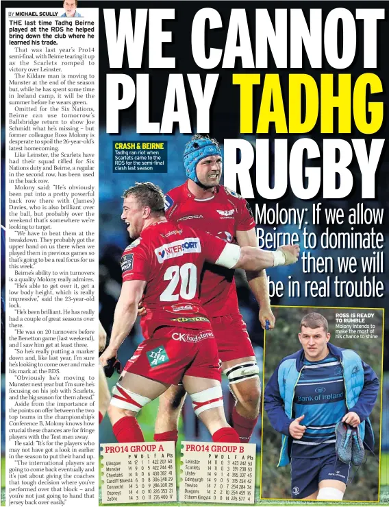  ??  ?? CRASH & BEIRNE Tadhg ran riot when Scarlets came to the RDS for the semi-final clash last season