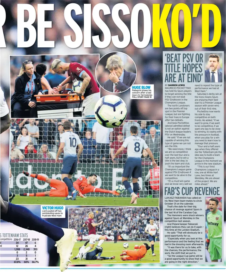  ??  ?? 2016-17 VICTOR HUGO Lloris pulled off two outstandin­g saves to frustrate West Ham HUGE BLOW Pellegrini shows his concern after a bad injury to Yarmolenko