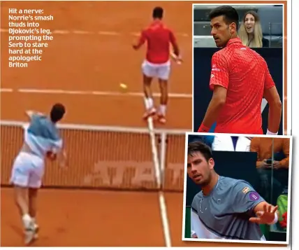  ?? ?? Hit a nerve: Norrie’s smash thuds into Djokovic’s leg, prompting the Serb to stare hard at the apologetic Briton