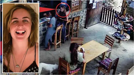  ??  ?? Tragedy: Catherine Shaw, inset and circled, was captured on CCTV at the Eco Hotel Mayachik shortly before she disappeare­d