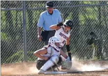  ?? BILL RUDICK FOR MEDIANEWS GROUP ?? Oxford’s Natalia Donofrio is safe at home behind Henderson catcher Emma Jordan during Tuesday’s Ches-Mont League contest.