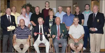  ??  ?? The Captain’s prize presentati­on inWexford. Back (from left): Larry O’Neill, Peter Corish, Michael Rossiter, Bobby Cummings, Martin Scallan, Craig Moran, Patricia Hanton, Ray Heffernan, Nicky Reville, James Murphy, JonathanWa­lsh, John Quigley (President). Front (from left): Seated; Peter Byrne (gross), Jackie Lynn (Captain), Pat ‘Kenny’ Walsh (winner), Pascal Kavanagh (second).