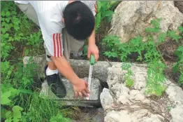  ?? PHOTOS PROVIDED TO CHINA DAILY ?? Guo Daiheng (first from right) of the School of Architectu­re at Tsinghua University; remains of Garden Gate in 1870; a researcher measures the width of a stone structure.