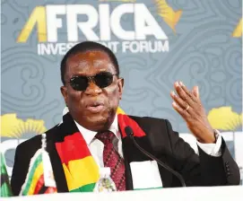  ?? — Pictures: Joseph Nyadzayo ?? The President makes his contributi­on at the Africa Investment Forum in Abidjan yesterday.