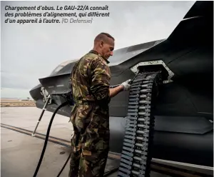  ??  ?? Chargement d’obus. Le GAU-22/A connaît des problèmes d’alignement, qui diffèrent d’un appareil à l’autre. (© Defensie)