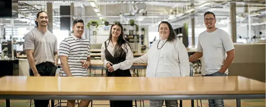  ?? DAVID WHITE/STUFF ?? The Jasmax Waka Ma¯ia team in Auckland, from left: Monsul Dewes-Tupara, Kahurangi Eruera, Danielle Koni, Elisapeta Heta and Apenti Tamanui-Fransen.