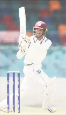  ?? ?? Left-hander Tagenarine Chanderpau­l gathers runs during his half-century on yesterday’s final day. (Photo courtesy CWI Media)