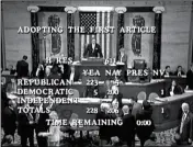  ?? AP PHOTO/APTN ?? IN THIS DEC. 19, 1998, FILE IMAGE FROM VIDEO, Speaker Pro Tempore Rep. Ray LaHood, R-Ill., prepares to announce the House vote of 228-206 to approve the first article of impeachmen­t, accusing President Bill Clinton of committing perjury before a federal grand jury in Washington.