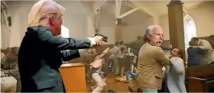  ??  ?? A fake Donald Trump shoots the late Senator John McCain in a video dubbed from the movie Kingsman.