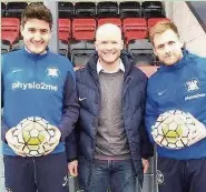  ??  ?? ●● Macclesfie­ld AFC were awarded the Fair Play award (new match balls) by the Cheshire League on Saturday. AFC manager Ed Haslam (left) and captain Greg Mathers are pictured with League chairman Rob Goodwin-Davey