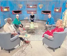  ?? ?? Top, Evan Hunter, Miriam Margolyes and Alan Cumming in LA, in Miriam and Alan: Lost in Scotland and Beyond. Above, left, Louis Theroux with Katherine Ryan in Louis Theroux Interviews… and, right, Paterson Joseph, Jenny Eclair, Sara Cox, Al Murray and Sophie Raworth in Between the Covers.