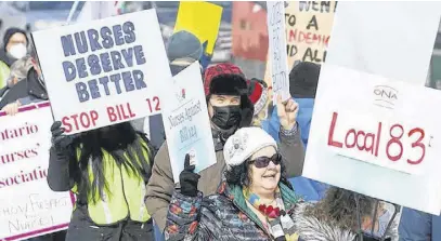  ?? TONY CALDWELL • POSTMEDIA NEWS ?? Nurses protest Bill 124, which limits public sector wage increases in Ontario to one per cent annually, on March 4.