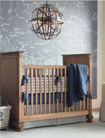  ??  ?? Dramatic oversized art can be a great way to decorate a contempora­ry child’s room. It can reflectr the design aesthetic of the rest of the home, and transition­s well beyond the nursery years. The mural introduces baby to the big, wide world.