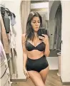  ??  ?? Kourtney Kardashian (above left) and Karlie Kloss (above right) are among dozens of stars who have posted Instagram selfies in the Kit, a new line of undergarme­nts designed by celeb stylists Simone Harouche and Jamie Mizrahi (inset).