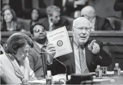  ?? J. Scott Applewhite / Associated Press ?? U.S. Sen. John Cornyn and three other Judiciary Committee heavyweigh­ts — chairman Chuck Grassley, R-Iowa, Vermont Democrat Patrick Leahy, right, and Dianne Feinstein of California, left, now the committee’s ranking Democrat — plan to advance legislatio­n after the Senate recess to counter the Supreme Court’s effects on the Freedom of Informatio­n Act.