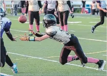  ?? SCOTT WOODLAND SPECIAL TO THE ST. CATHARINES STANDARD ?? Niagara’s Wyatt Brown attempts to catch a pass in Ontario Football League bantam Tier 2 action versus Waterloo Saturday at Kiwanis Field in St. Catharines.