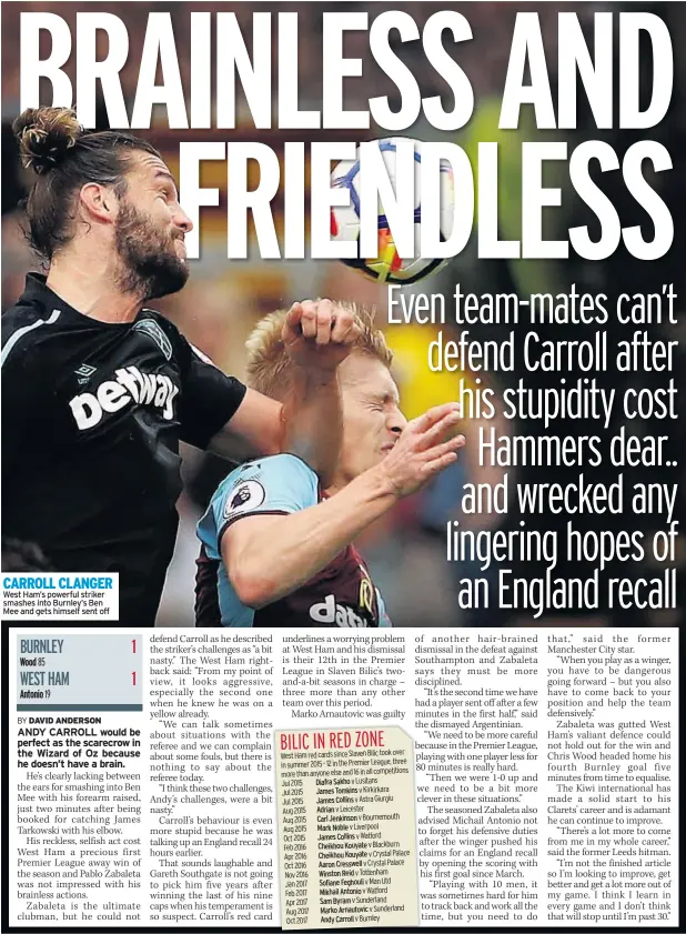  ??  ?? CARROLL CLANGER West Ham’s powerful striker smashes into Burnley’s Ben Mee and gets himself sent off