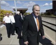  ?? THE ASSOCIATED PRESS ?? Sen. Charles Schumer, D-N.Y., arrives for a news conference on train safety in Schenectad­y Wednesday. Schumer is an establishe­d incumbent in line to become the chamber’s top Democrat, running for re-election against a little-known, Trump-embracing...